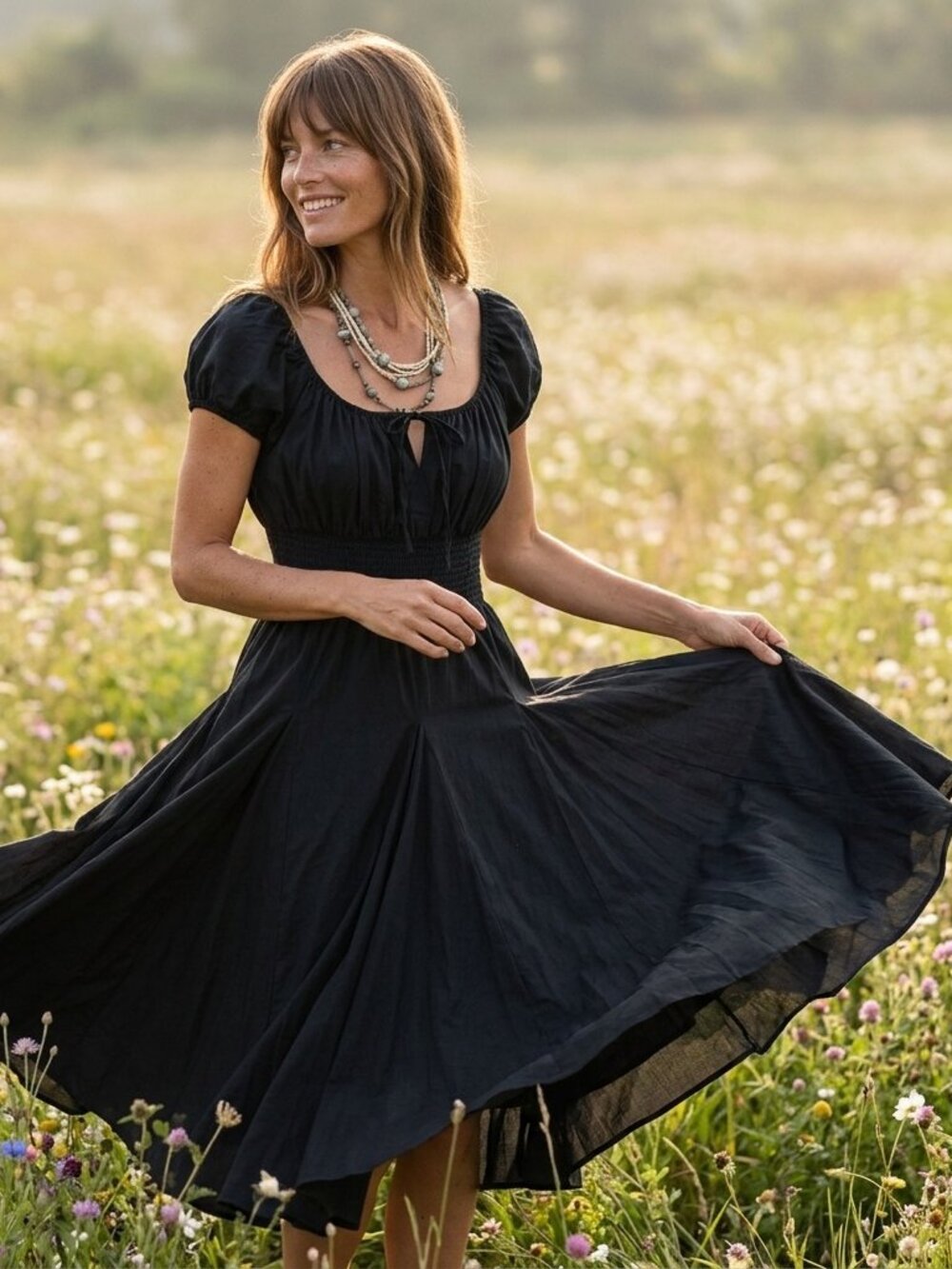 Black Cotton Sundress Puff Sleeve Romantic Paris Style Poplin Dress